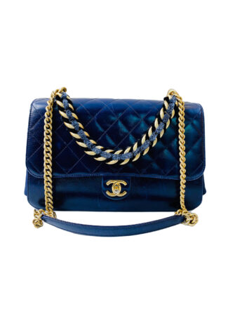 BLUE QUILTED GLAZED LEATHER MEDIUM STRAIGHT LINE FLAP BAG