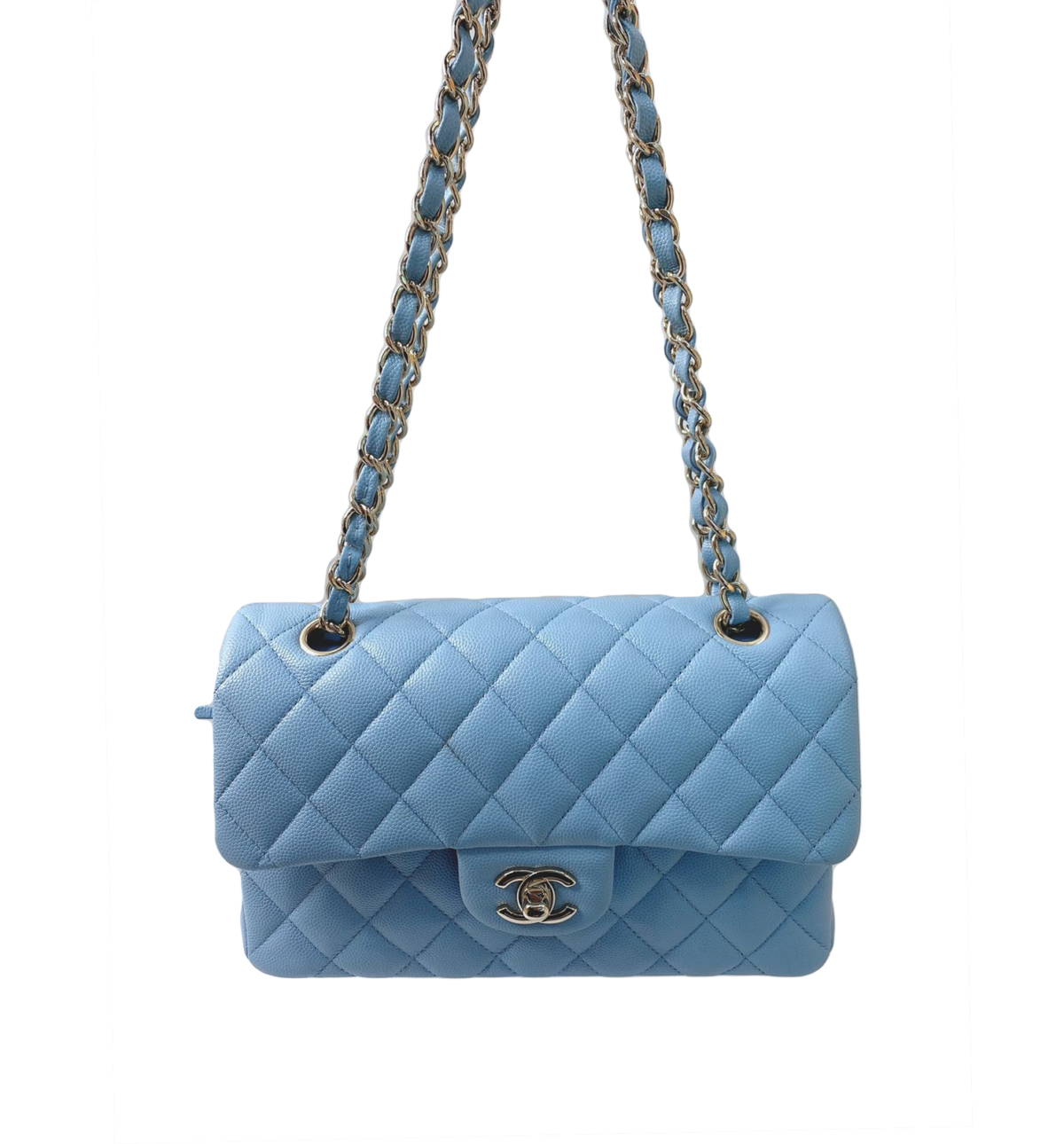 LIGHT BLUE CAVIAR LEATHER SMALL CLASSIC DOUBLE FLAP BAG