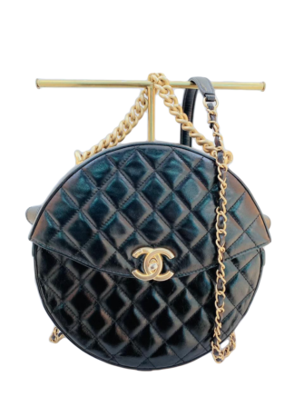BLACK QUILTED LAMBSKIN ROUND CHAIN HANDLE SHOULDER BAG