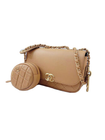CARAMEL QUILTED CALFSKIN MULTI POUCHING FLAP AND COIN PURSE
