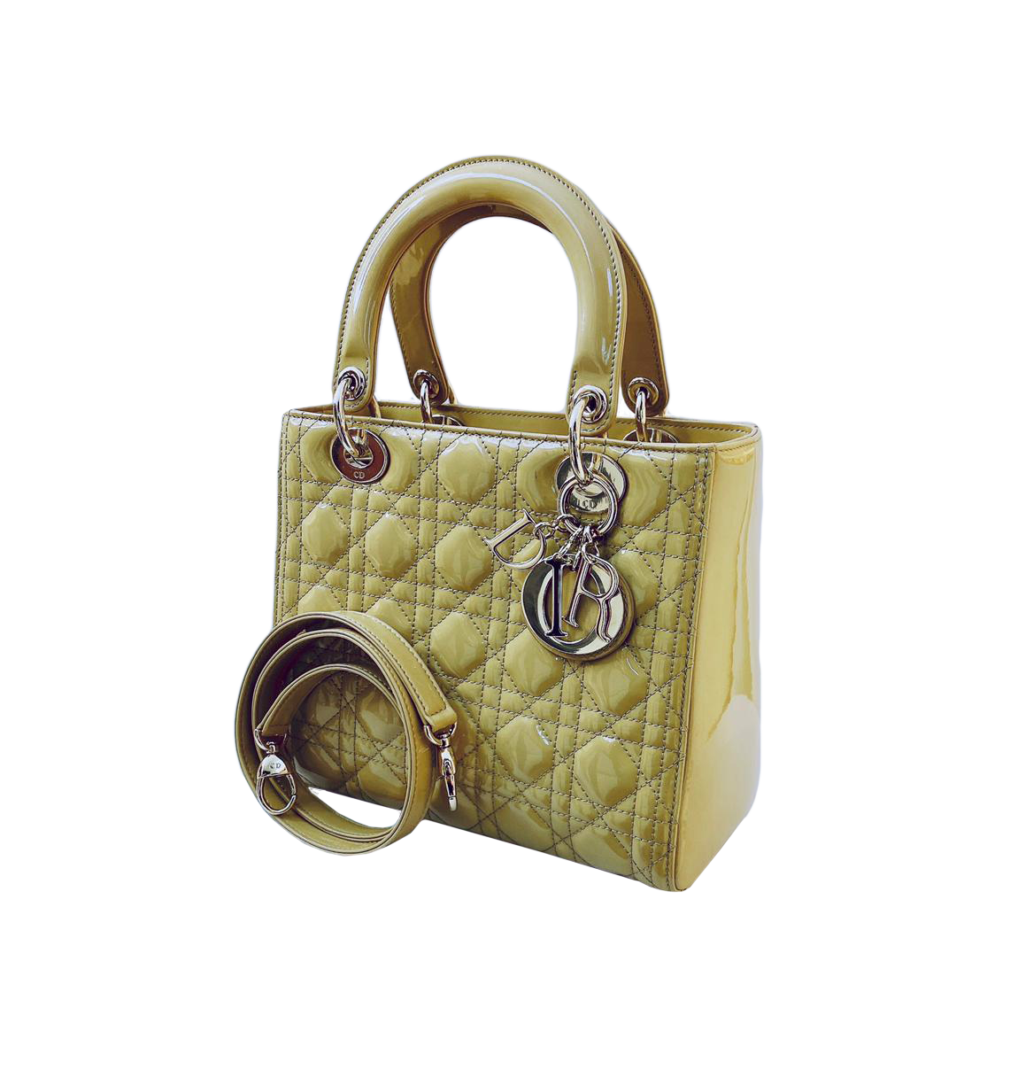 BEIGE PATENT LEATHER MEDIUM LADY DIOR TOTE BAG styleforless