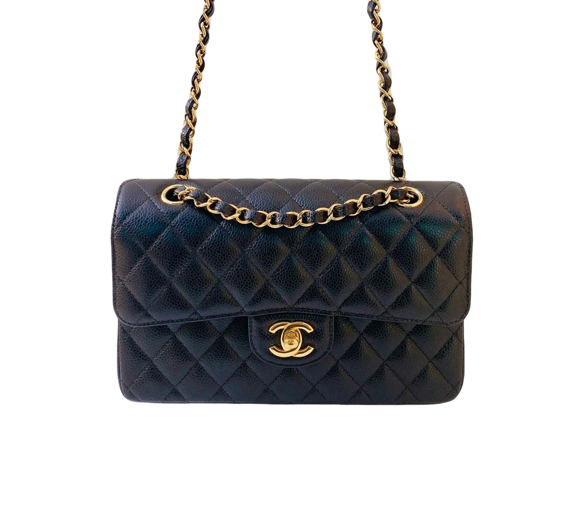 BLACK CAVIAR LEATHER SMALL CLASSIC DOUBLE FLAP BAG - styleforless