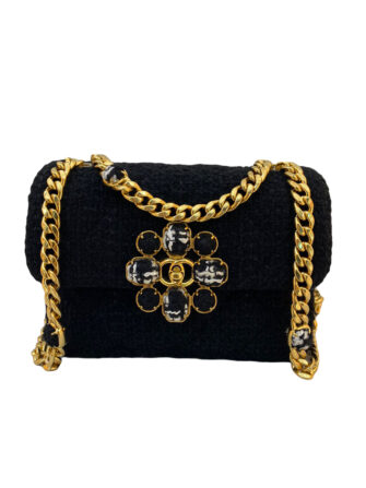 BLACK CASHMERE TWEED MINI FLAP BAG WITH CAMELLA FLOWER