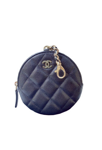 BLACK CAVIAR QUILTED ROUND CLIP ON COIN PURSE