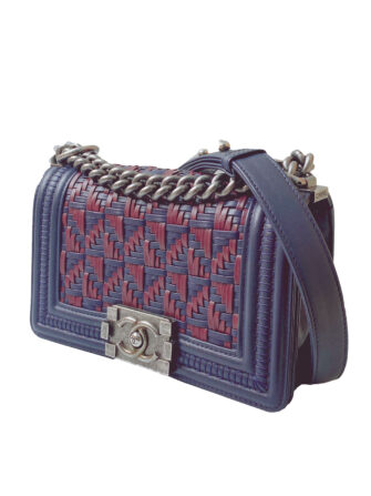 NAVY BLUE MAROON WOVEN LEATHER SMALL BRISTOL LIMITED EDITION BOY FLAP BAG