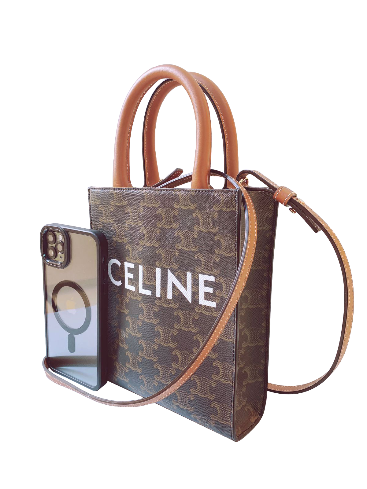 TAN TRIOMPHE CANVAS AND CALFSKIN LEATHER MINI CABAS VERTICAL BAG -  styleforless