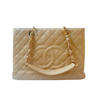 BEIGE CAVIAR LEATHER LARGE GRAND SHOPPING TOTE BAG GHW