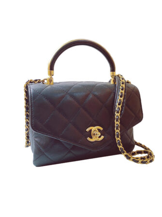 BLACK LAMBSKIN LEATHER GOLD TOP HANDLE FLAP BAG