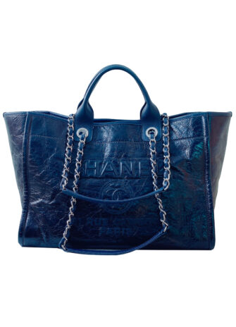 NAVY BLUE GLAZED CALFSKIN LEATHER MEDIUM DEAUVILLE TOTE BAG