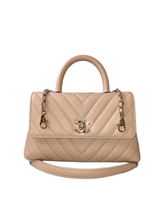 BEIGE CAVIAR CHEVRON LEATHER MINI COCO TOP HANDLE BAG