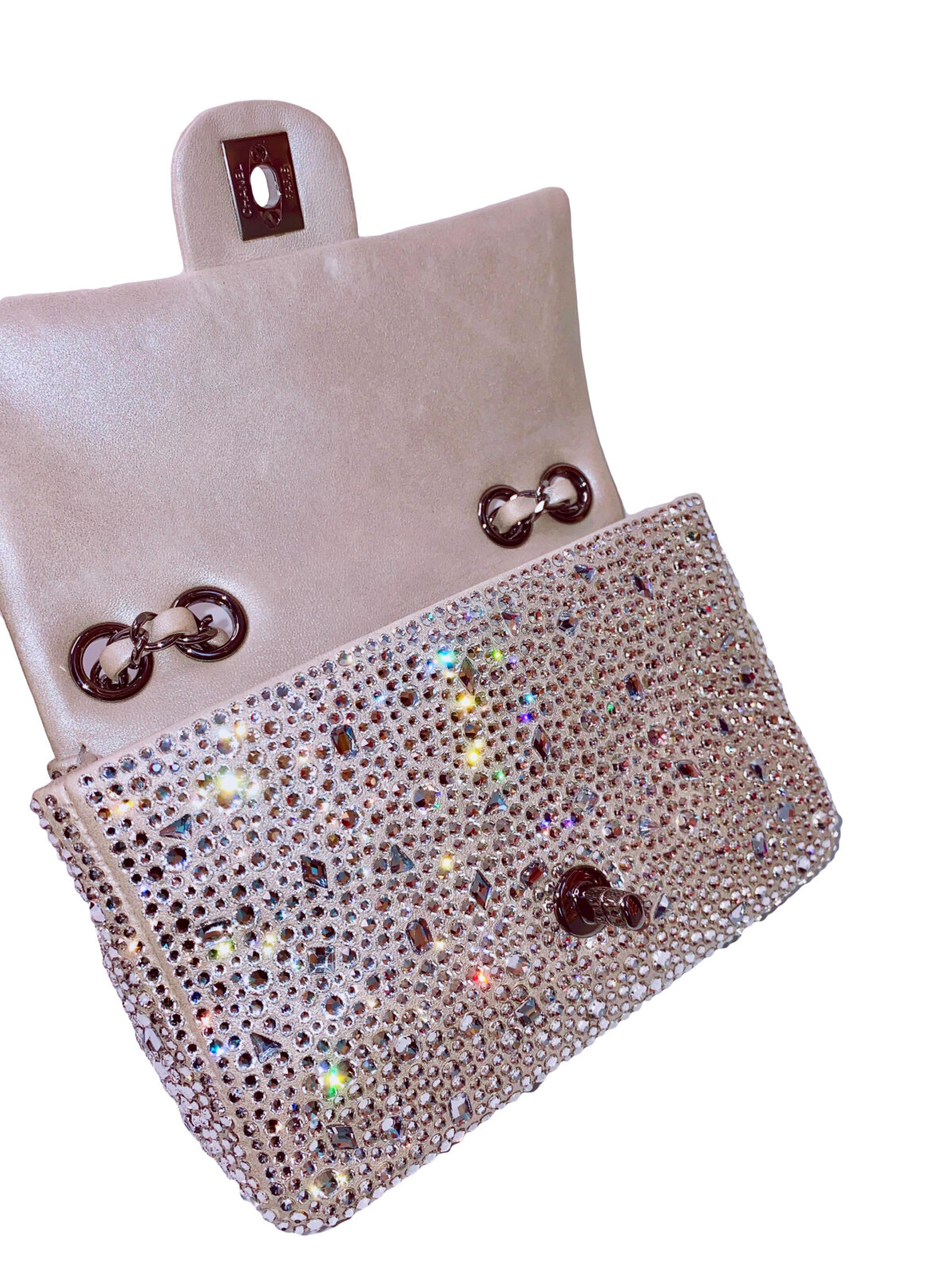 LIGHT BEIGE SWAROVSKI CRYSTAL STRASS MINI FLAP BAG