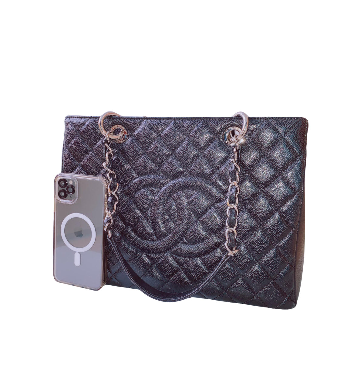 BLACK CAVIAR LEATHER GRAND SHOPPING TOTE BAG