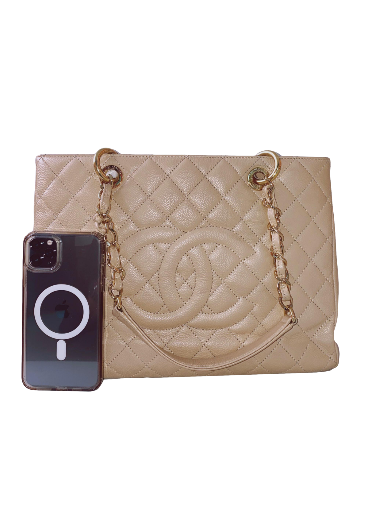 BEIGE CAVIAR LEATHER GRAND SHOPPING TOTE BAG