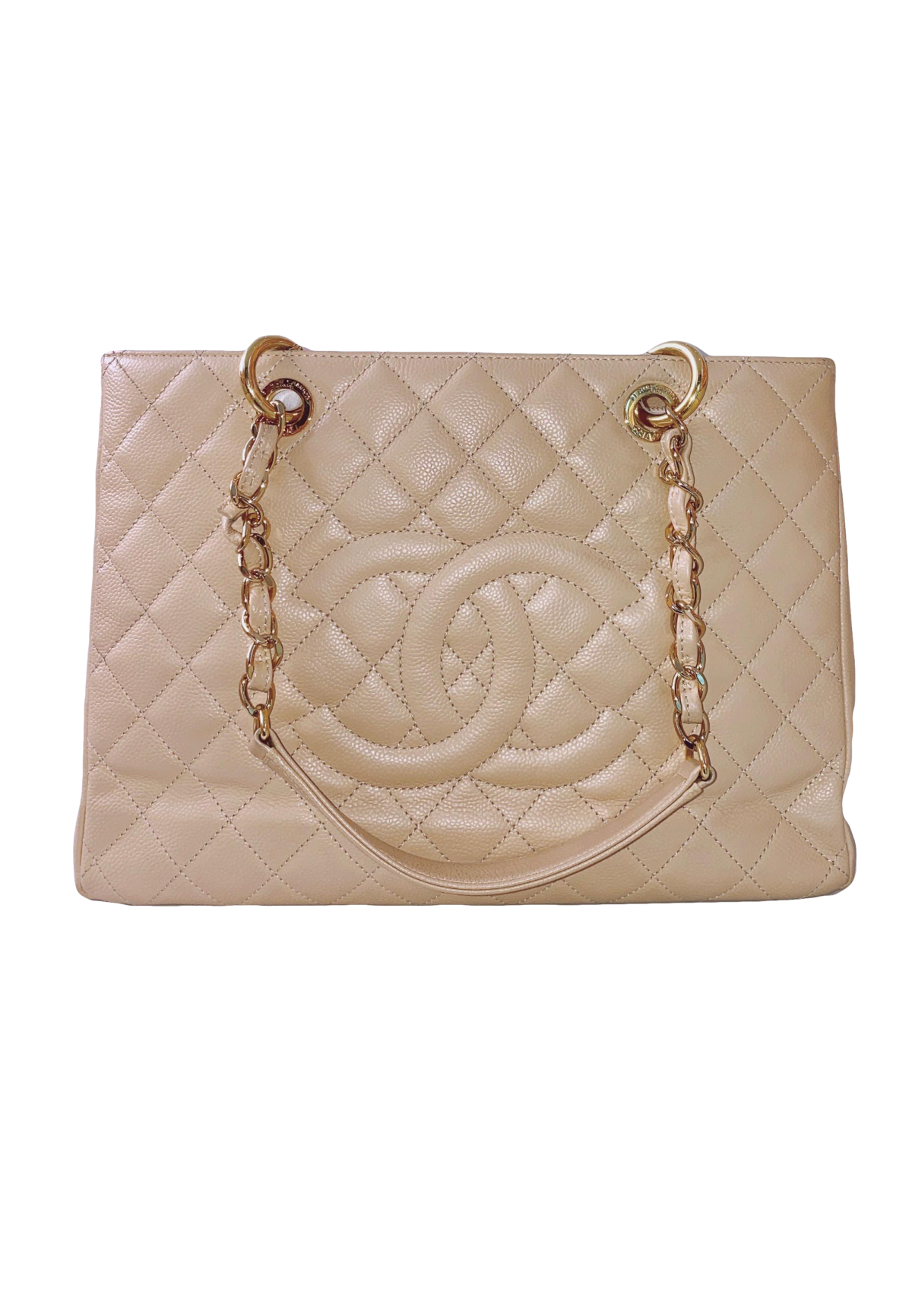 BEIGE CAVIAR LEATHER GRAND SHOPPING TOTE BAG