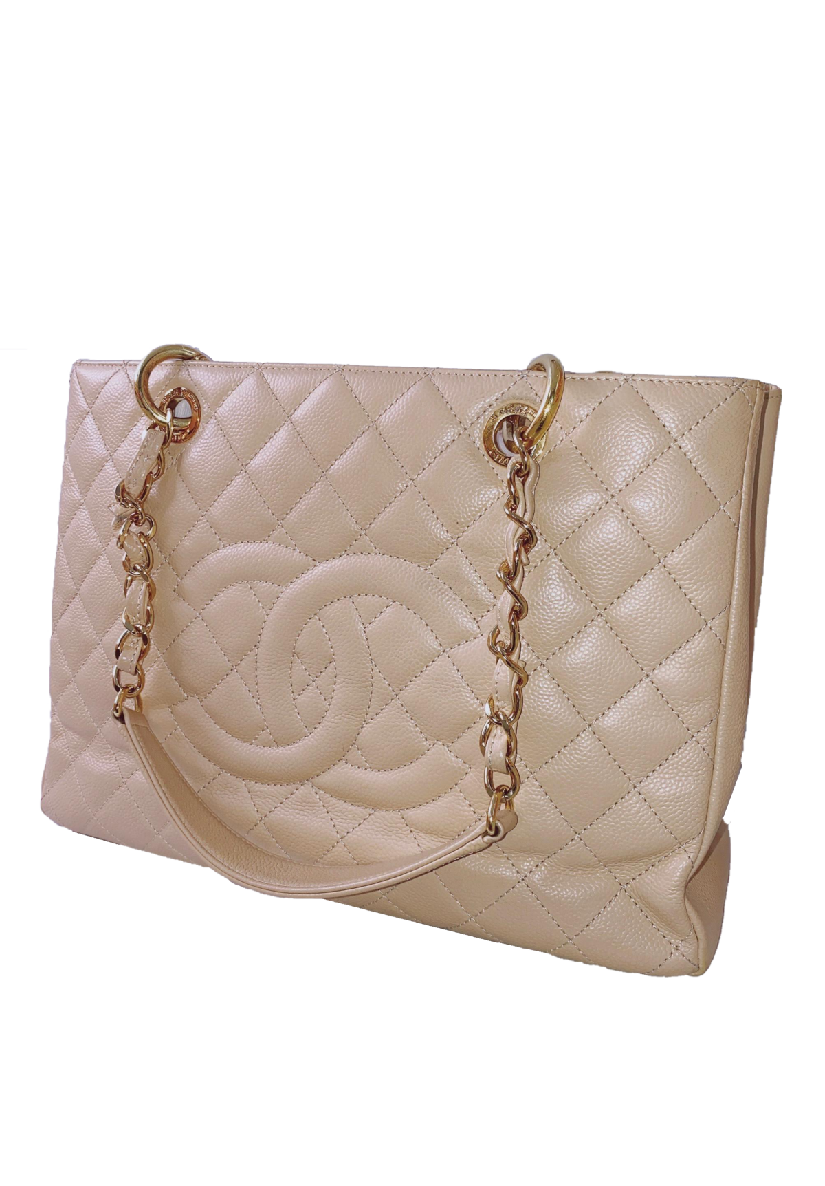 BEIGE CAVIAR LEATHER GRAND SHOPPING TOTE BAG