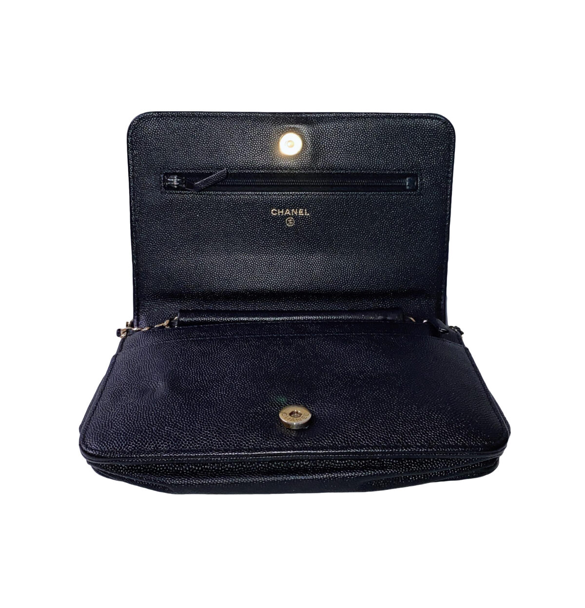 BLACK CAVIAR LEATHER VINTAGE MADEMOISELLE WALLET ON CHAIN