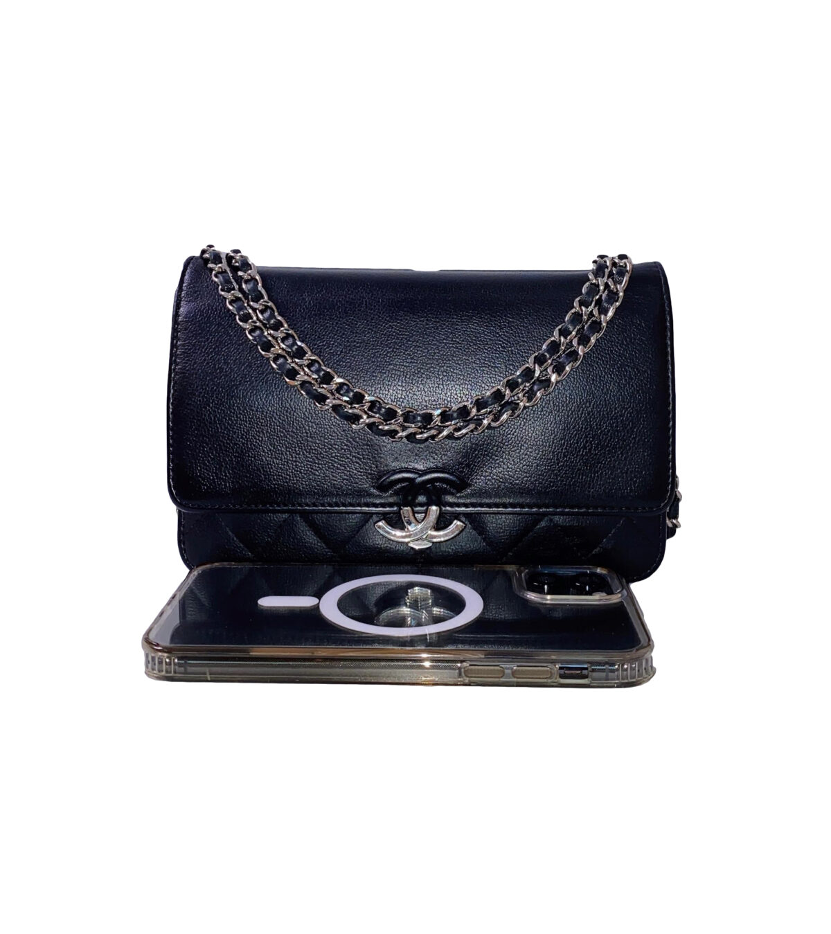 BLACK GRAINED CALFSKIN LEATHER URBAN COMPANION WALLET ON CHAIN