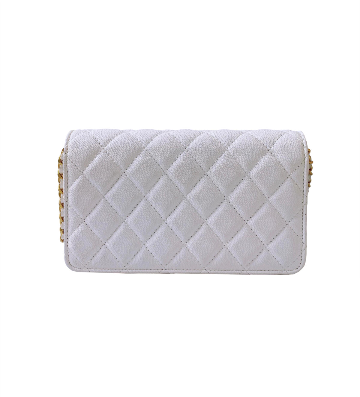 WHITE PEARLY GRAINED CALFSKIN AND GOLD TONE METAL WALLET ON CHAIN