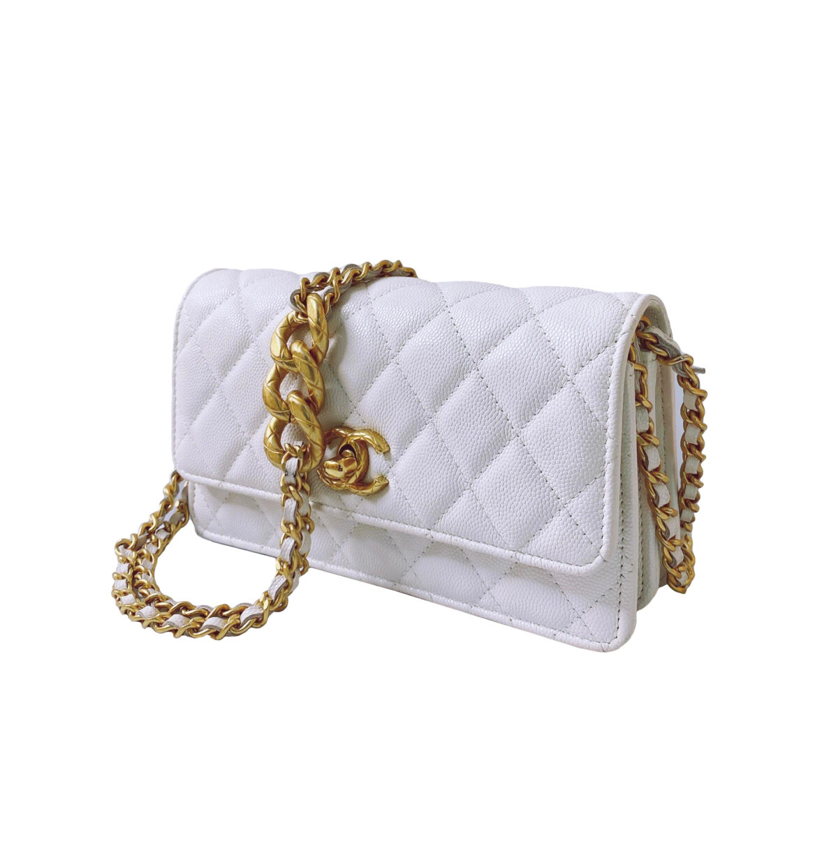 WHITE PEARLY GRAINED CALFSKIN AND GOLD TONE METAL WALLET ON CHAIN