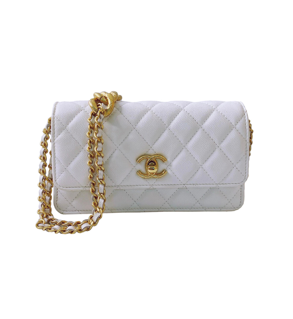 WHITE PEARLY GRAINED CALFSKIN AND GOLD TONE METAL WALLET ON CHAIN