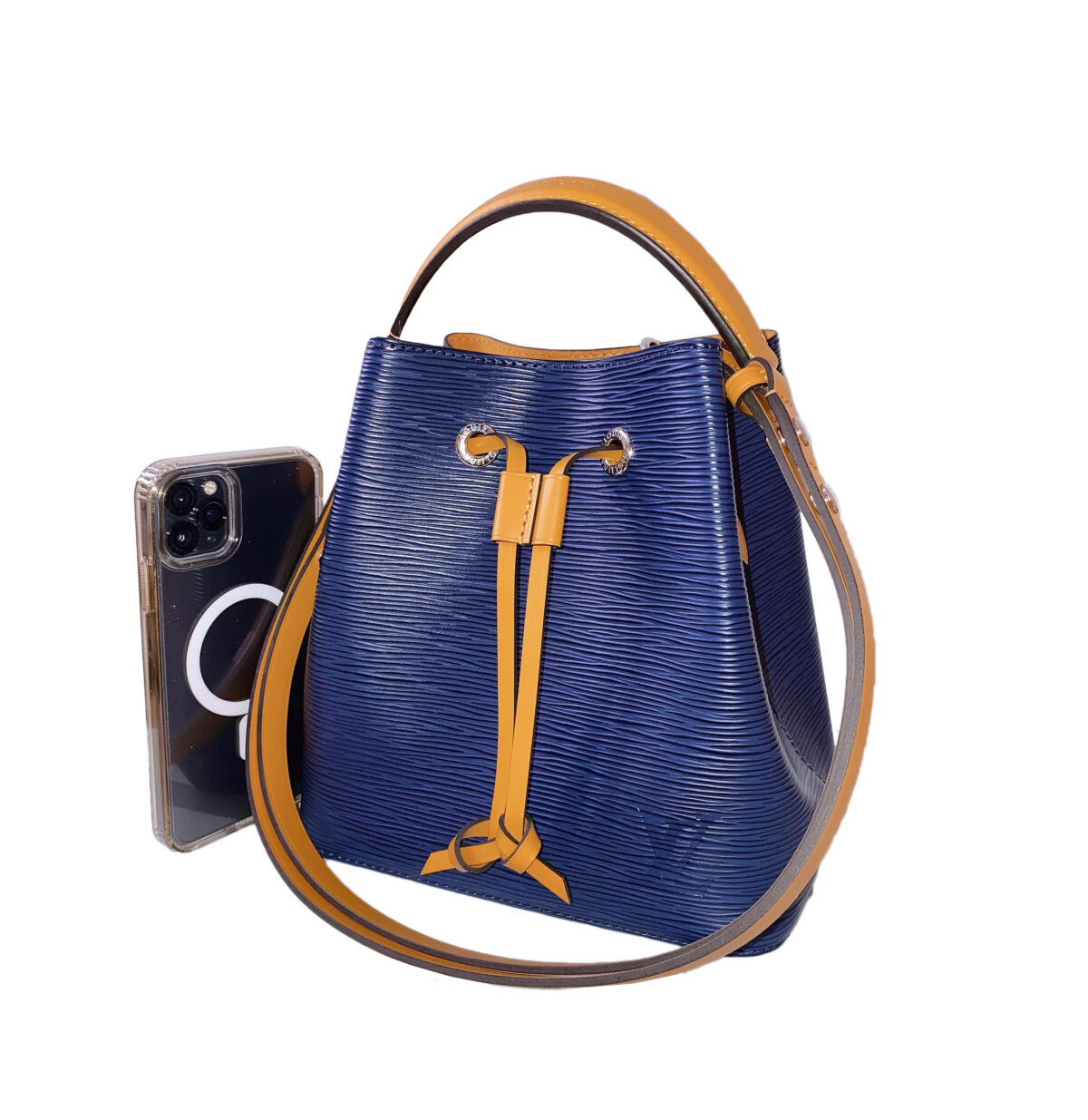 INDIGO BLUE SAFFRAN YELLOW EPI LEATHER NEONOE BB SHOULDER BAG