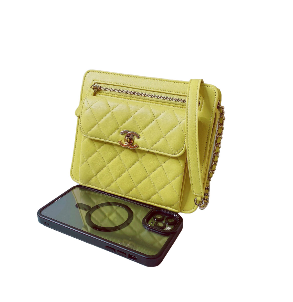 LIME YELLOW CLUTCH WITH CHAIN FRONT POCKET BAG