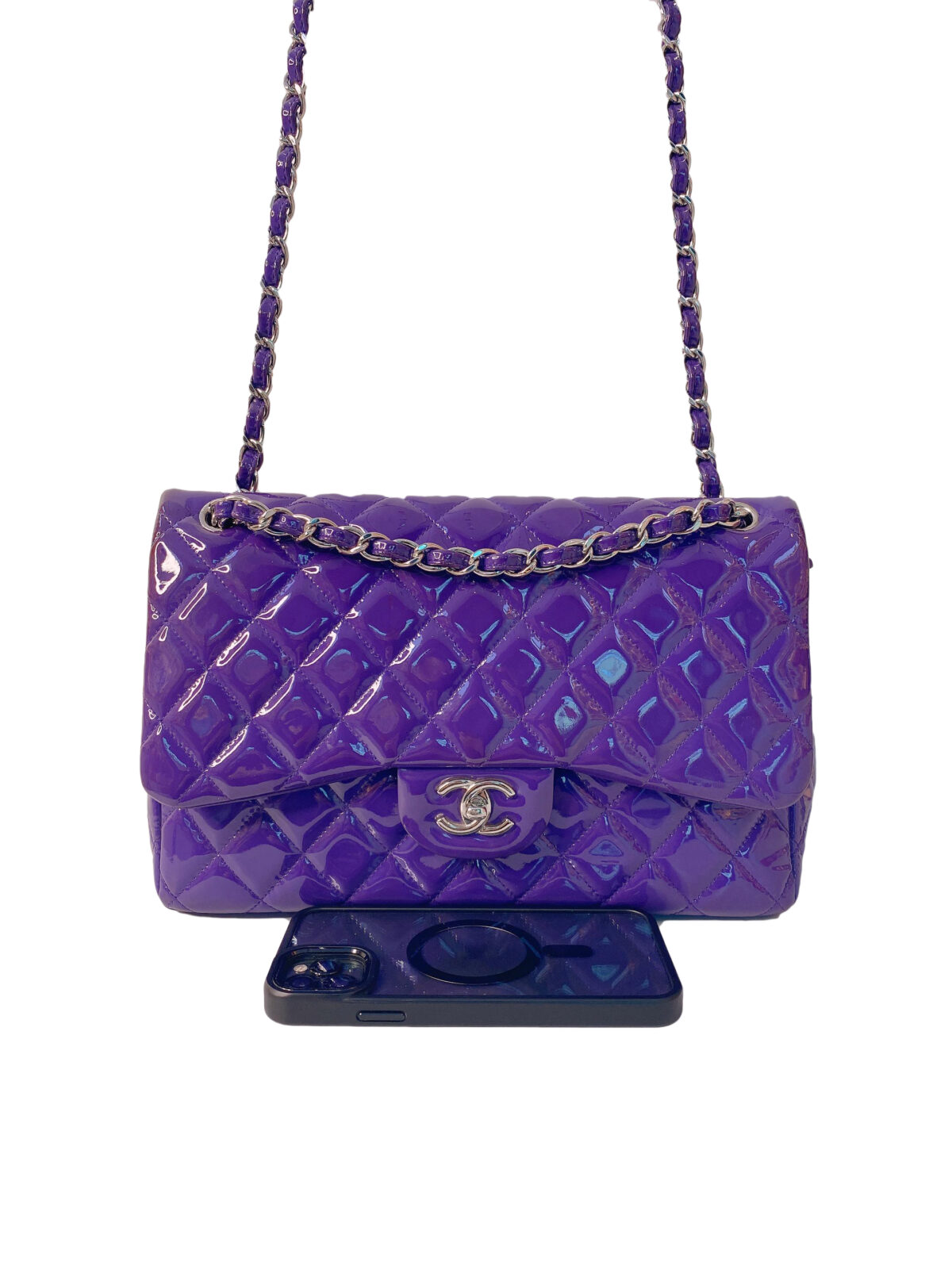 PURPLE QUILTED PATENT LEATHER JUMBO CLASSIC DOUBLE FLAP HANDBAG