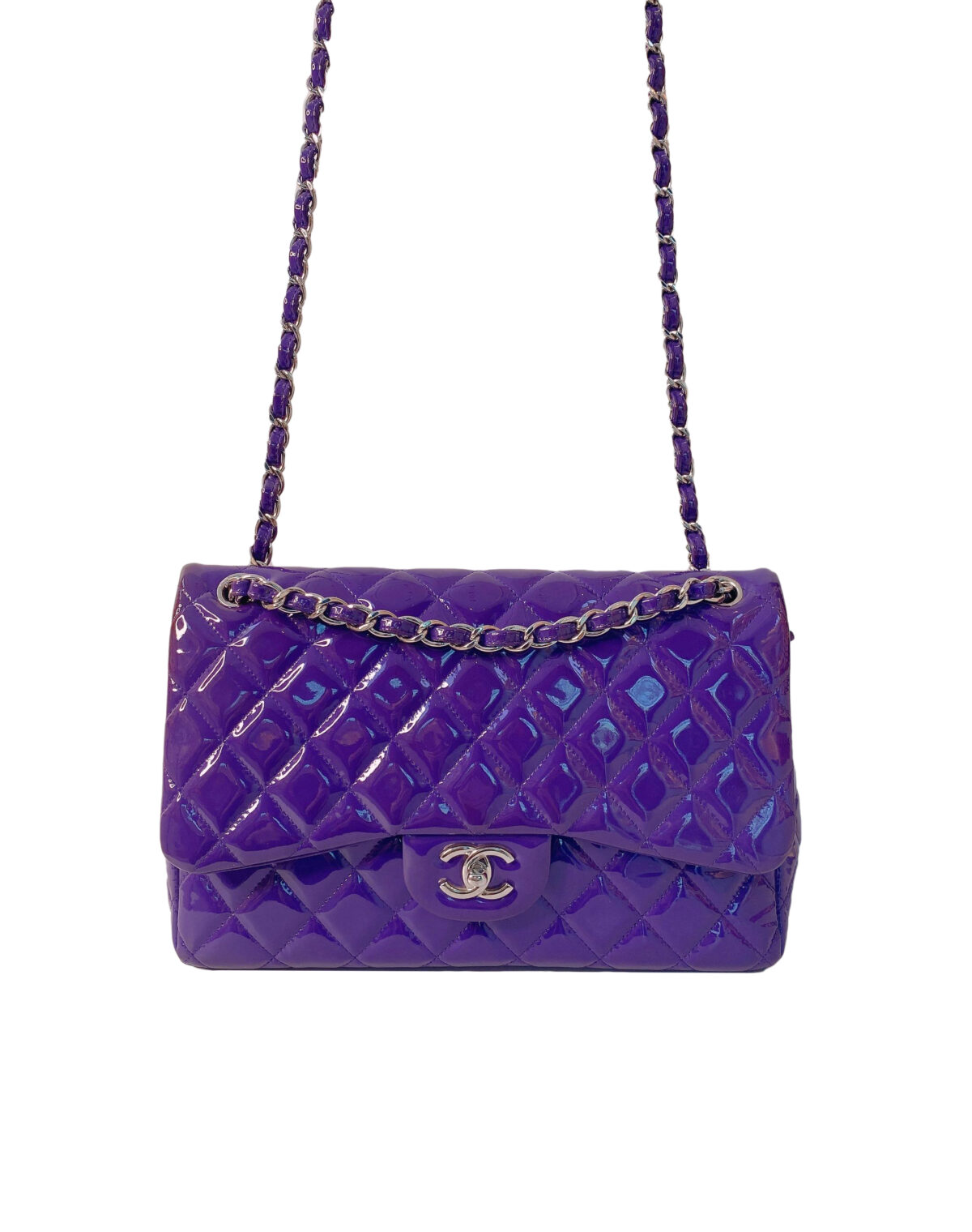 PURPLE QUILTED PATENT LEATHER JUMBO CLASSIC DOUBLE FLAP HANDBAG