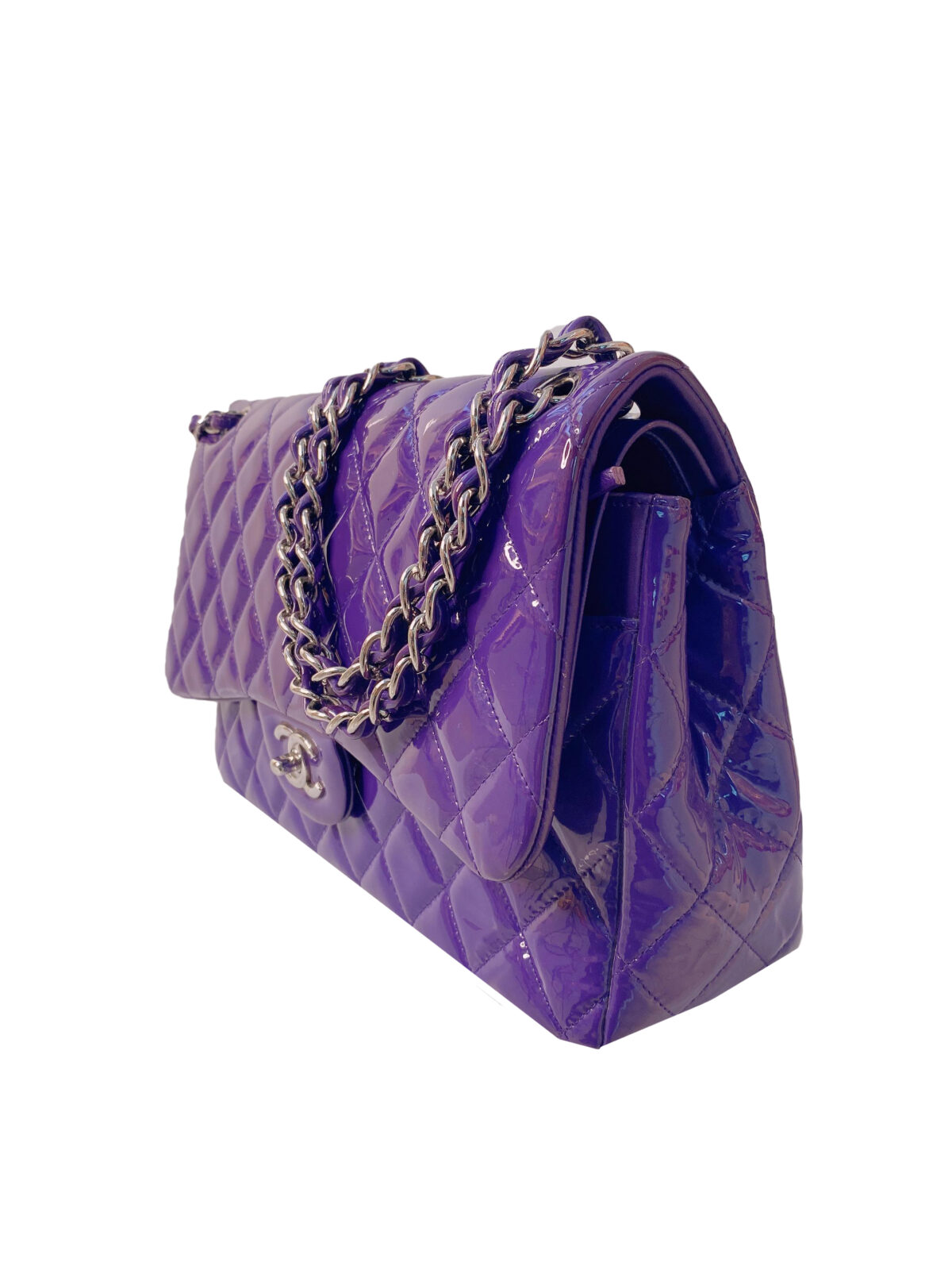 PURPLE QUILTED PATENT LEATHER JUMBO CLASSIC DOUBLE FLAP HANDBAG