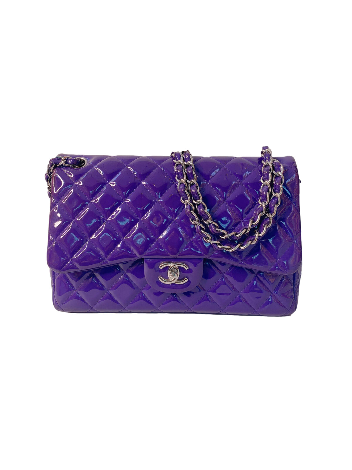 PURPLE QUILTED PATENT LEATHER JUMBO CLASSIC DOUBLE FLAP HANDBAG