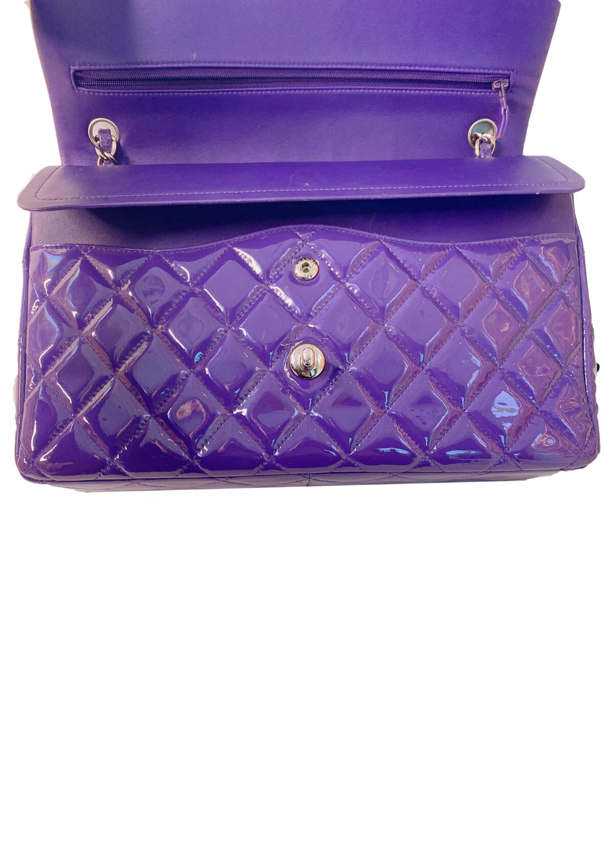 PURPLE QUILTED PATENT LEATHER JUMBO CLASSIC DOUBLE FLAP HANDBAG