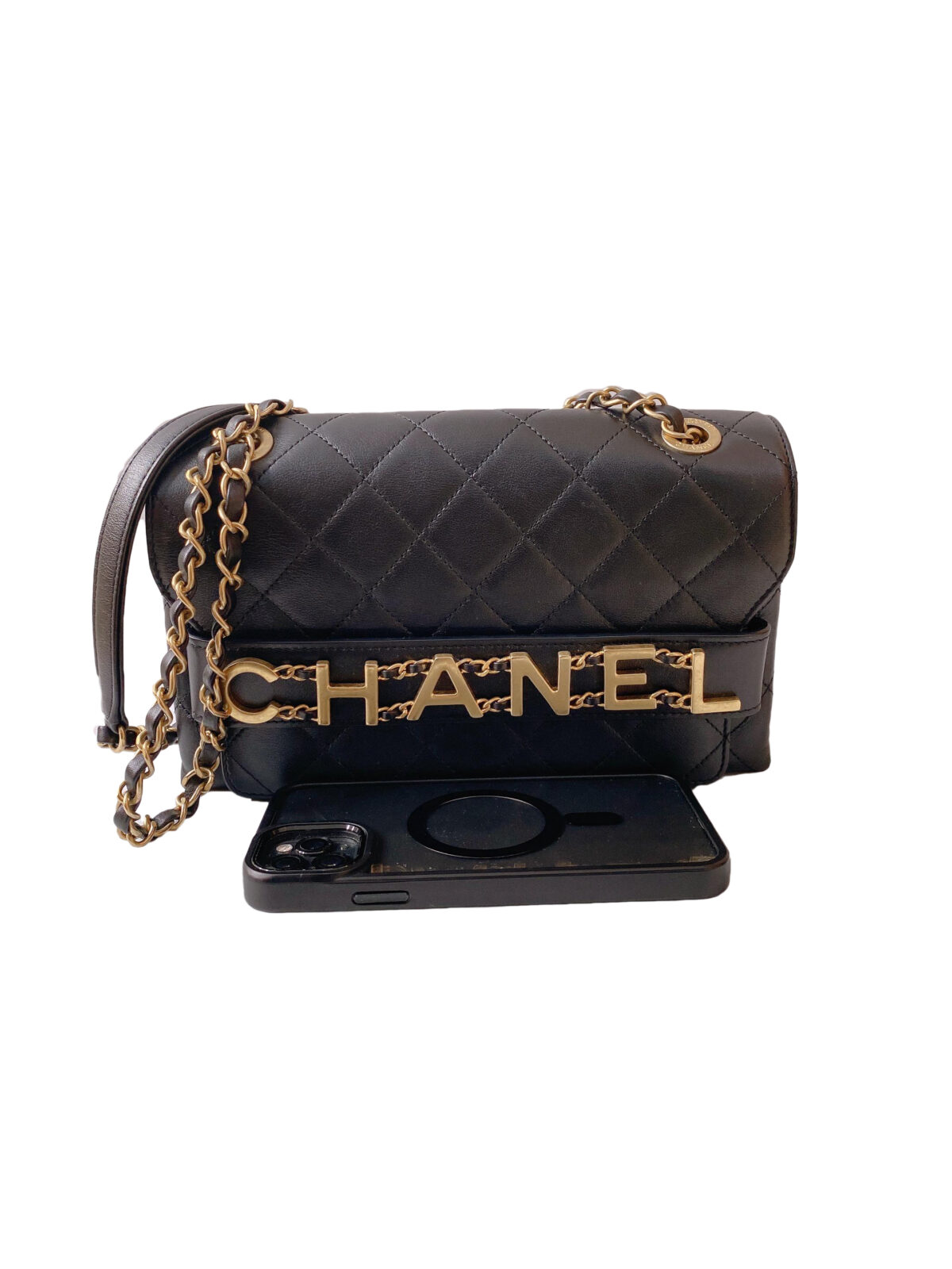 BLACK CALFSKIN LEATHER ENCHAINED LOGO FLAP BAG