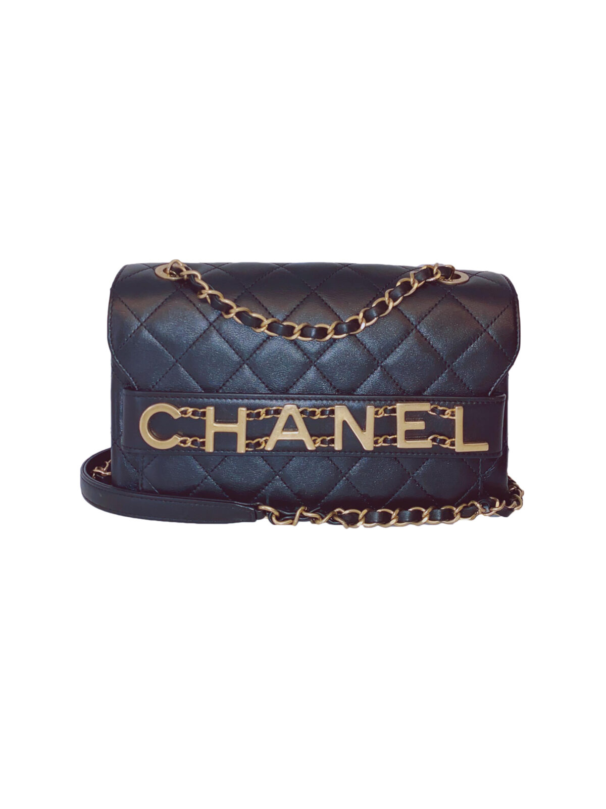 BLACK CALFSKIN LEATHER ENCHAINED LOGO FLAP BAG