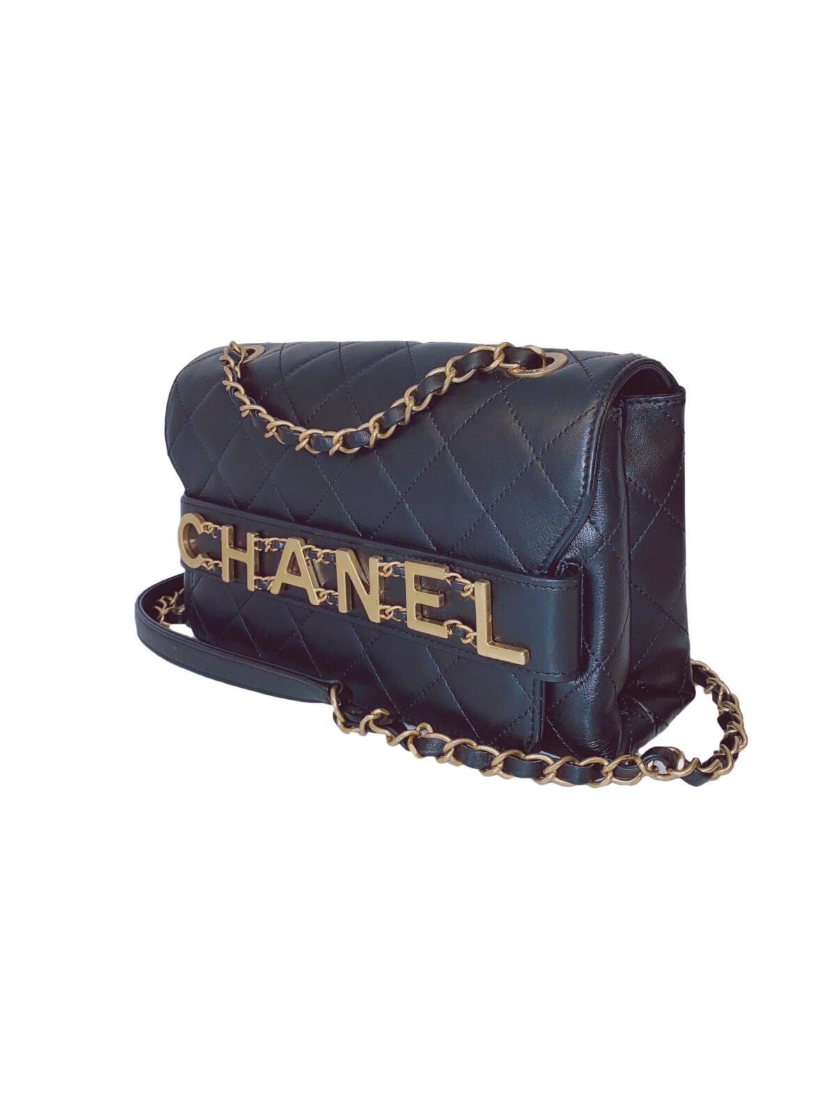 BLACK CALFSKIN LEATHER ENCHAINED LOGO FLAP BAG