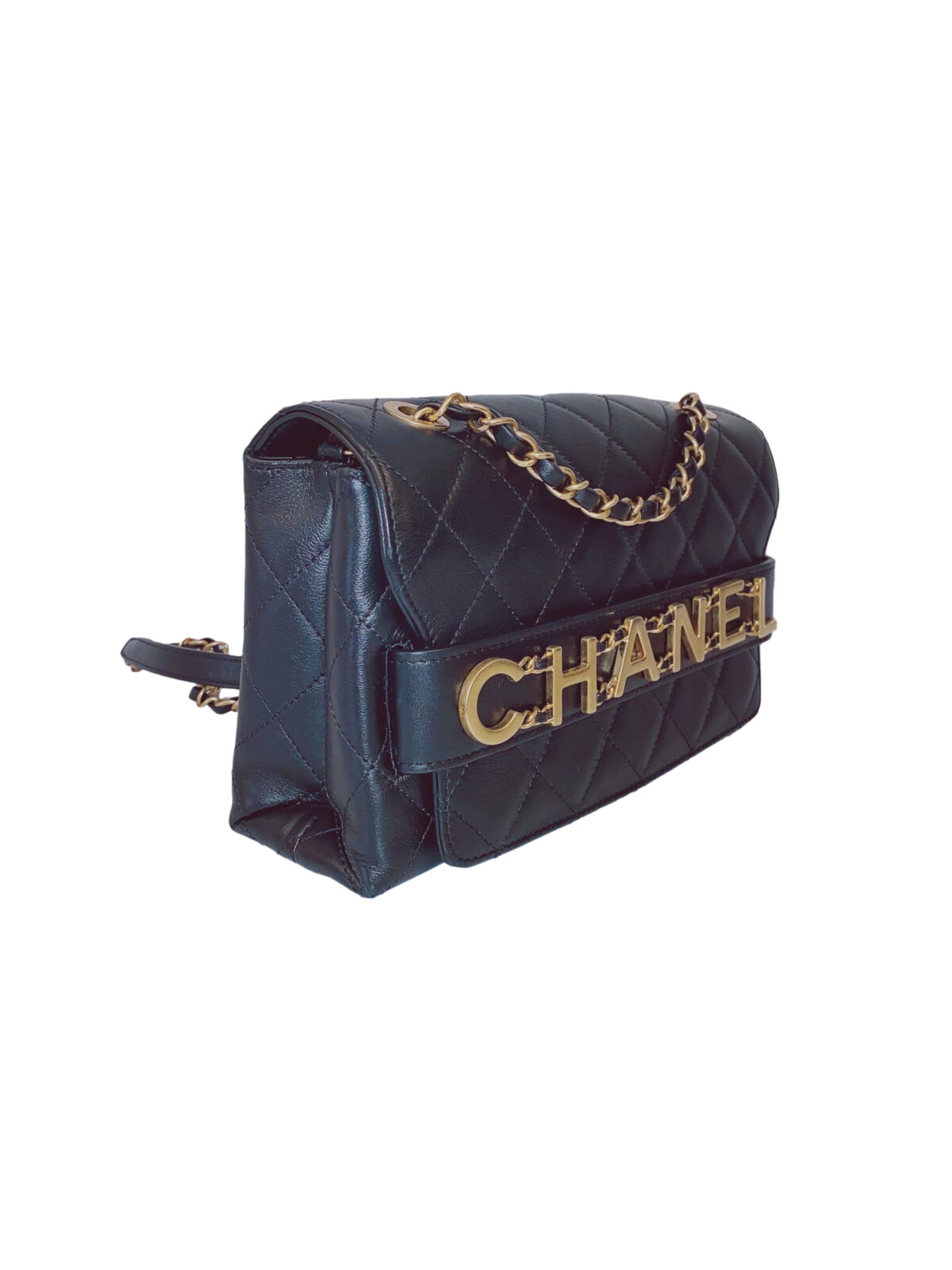 BLACK CALFSKIN LEATHER ENCHAINED LOGO FLAP BAG