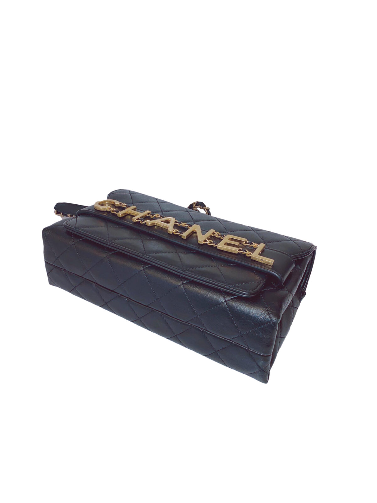 BLACK CALFSKIN LEATHER ENCHAINED LOGO FLAP BAG