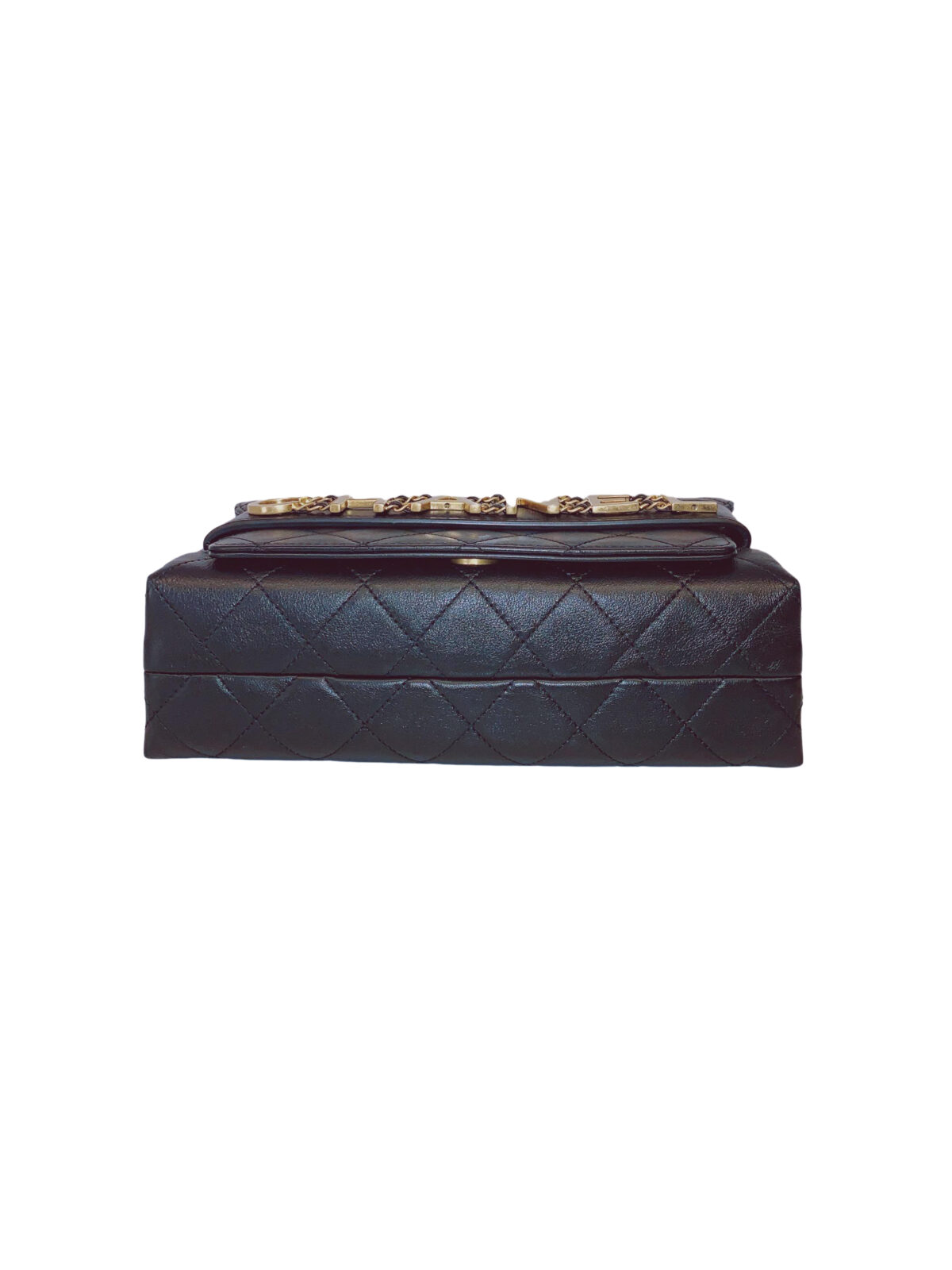 BLACK CALFSKIN LEATHER ENCHAINED LOGO FLAP BAG