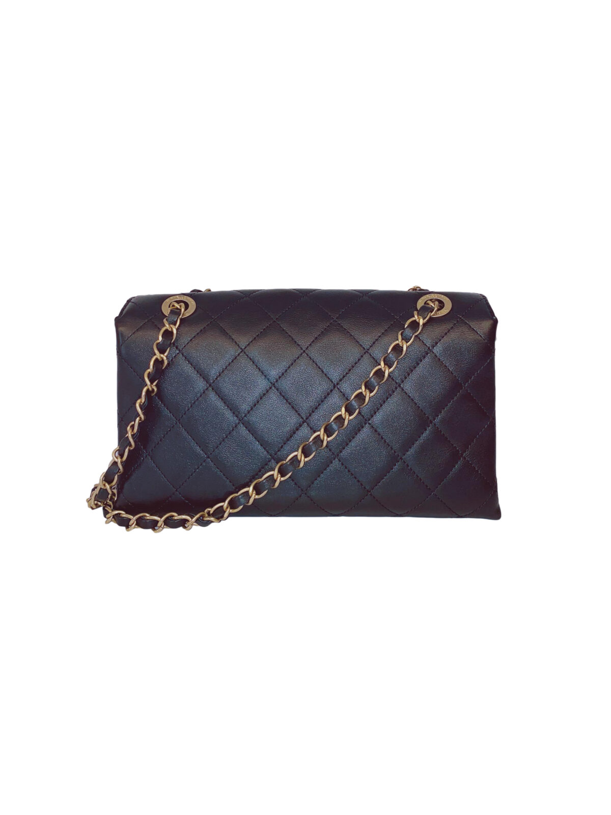 BLACK CALFSKIN LEATHER ENCHAINED LOGO FLAP BAG