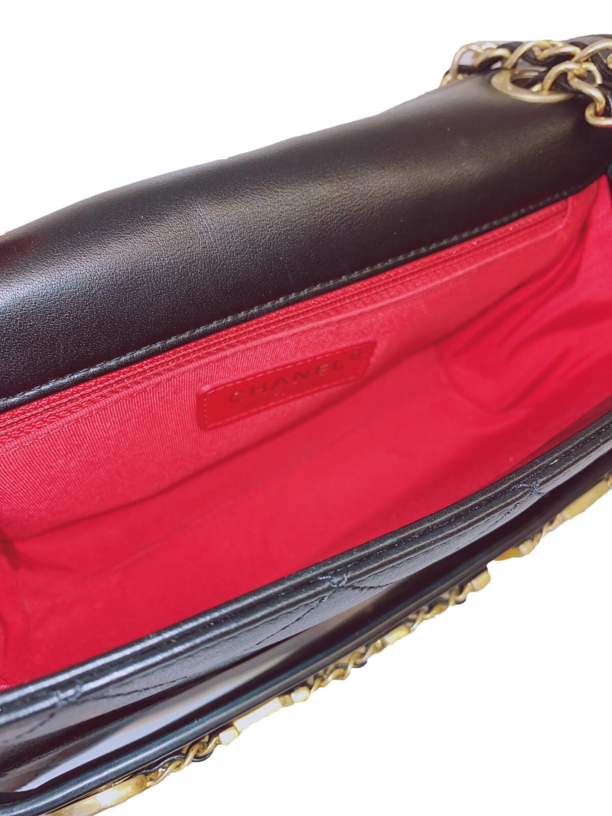 BLACK CALFSKIN LEATHER ENCHAINED LOGO FLAP BAG