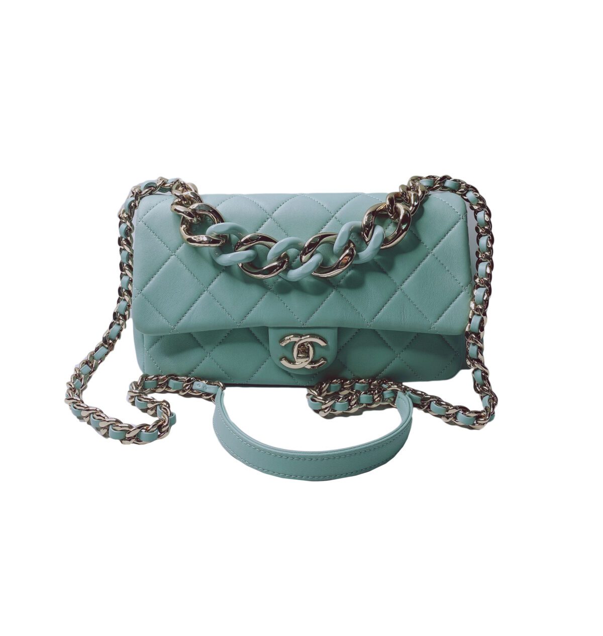 LIGHT BLUE ELEGANT RESIN BI-COLOR CHAIN FLAP BAG