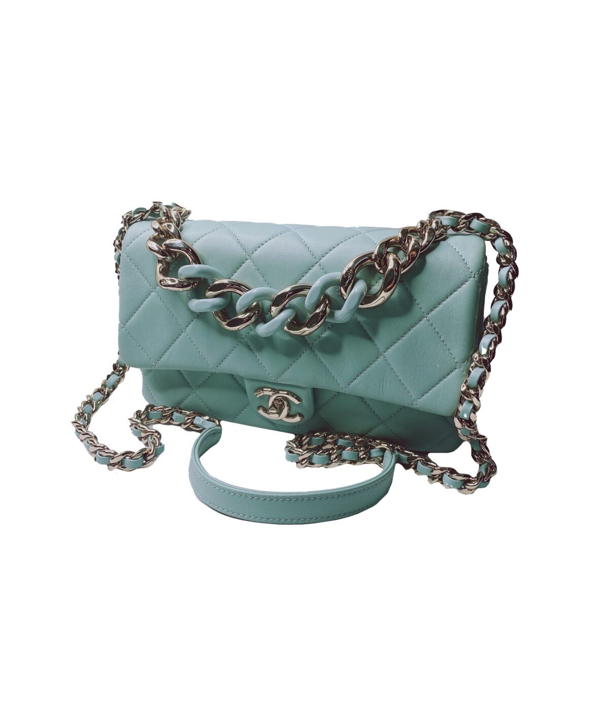 LIGHT BLUE ELEGANT RESIN BI-COLOR CHAIN FLAP BAG