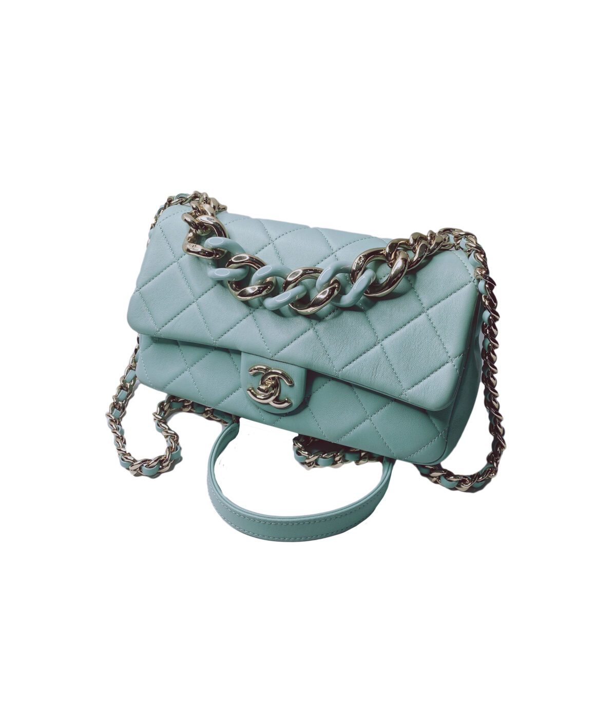 LIGHT BLUE ELEGANT RESIN BI-COLOR CHAIN FLAP BAG