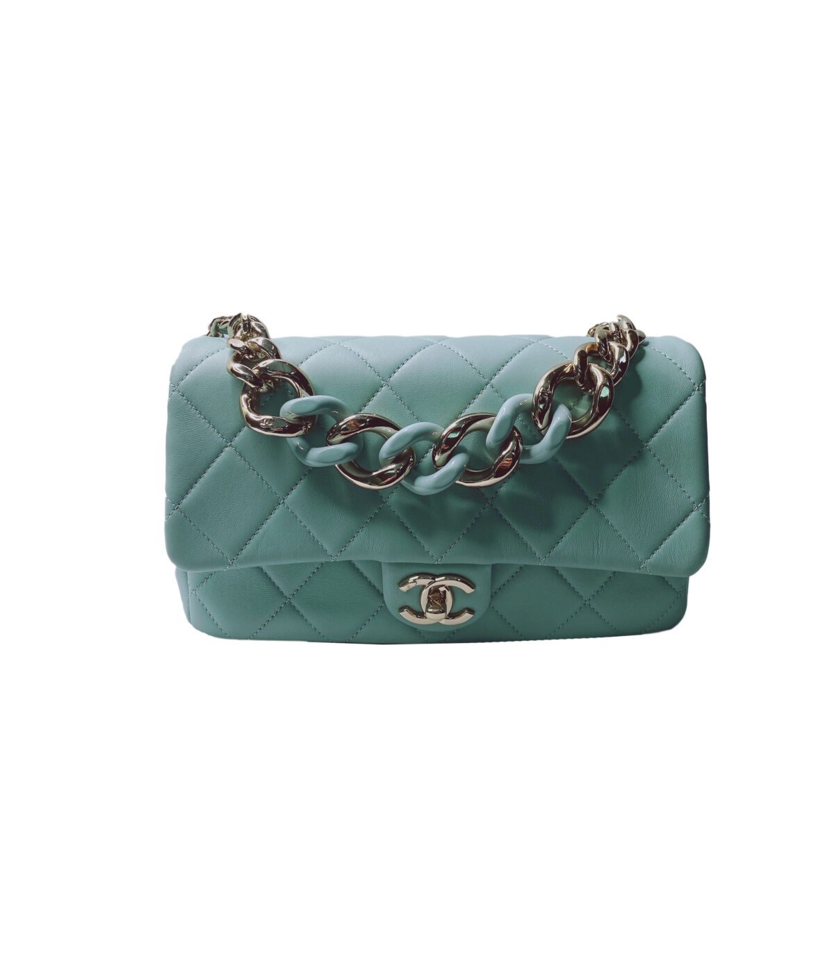 LIGHT BLUE ELEGANT RESIN BI-COLOR CHAIN FLAP BAG