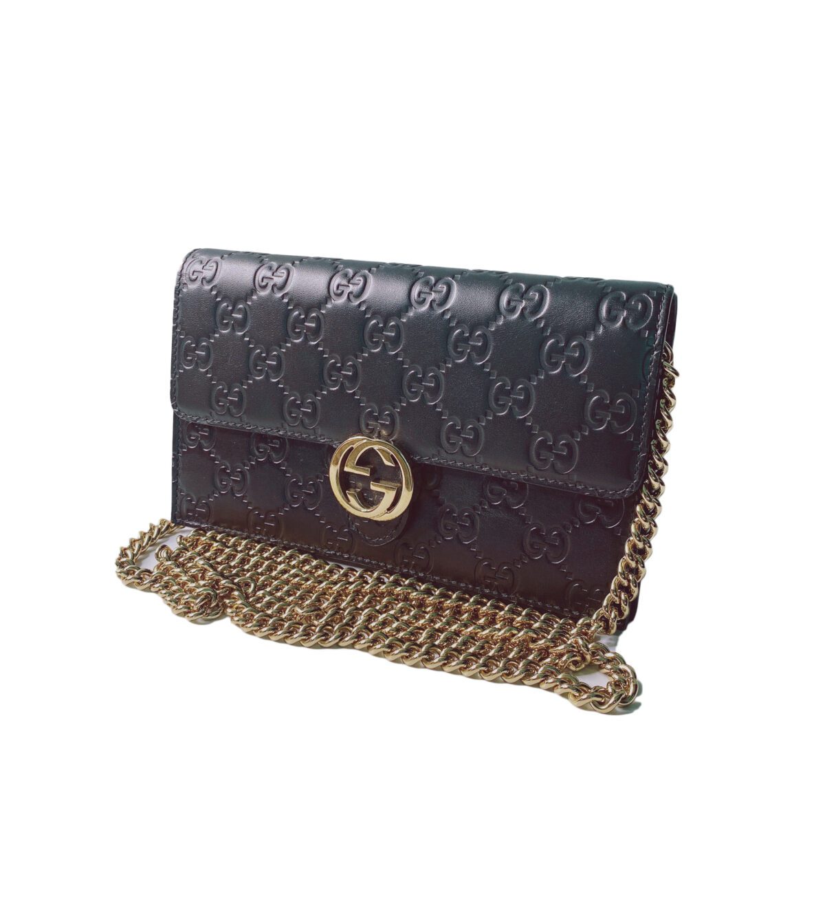 BLACK GUCCISSIMA INTERLOCKING G WALLET ON CHAIN