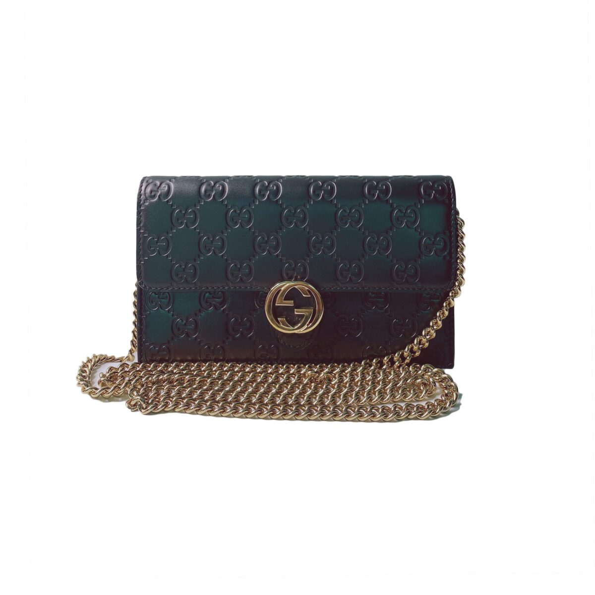 BLACK GUCCISSIMA INTERLOCKING G WALLET ON CHAIN
