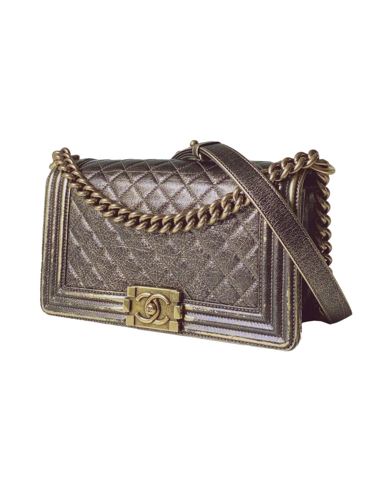 GOLD CRACKED METALLIC CALFSKIN QUILTED MEDIUM BOY FLAP BAG