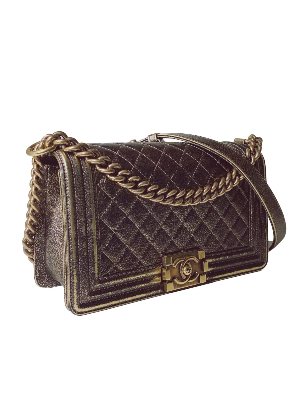 GOLD CRACKED METALLIC CALFSKIN QUILTED MEDIUM BOY FLAP BAG