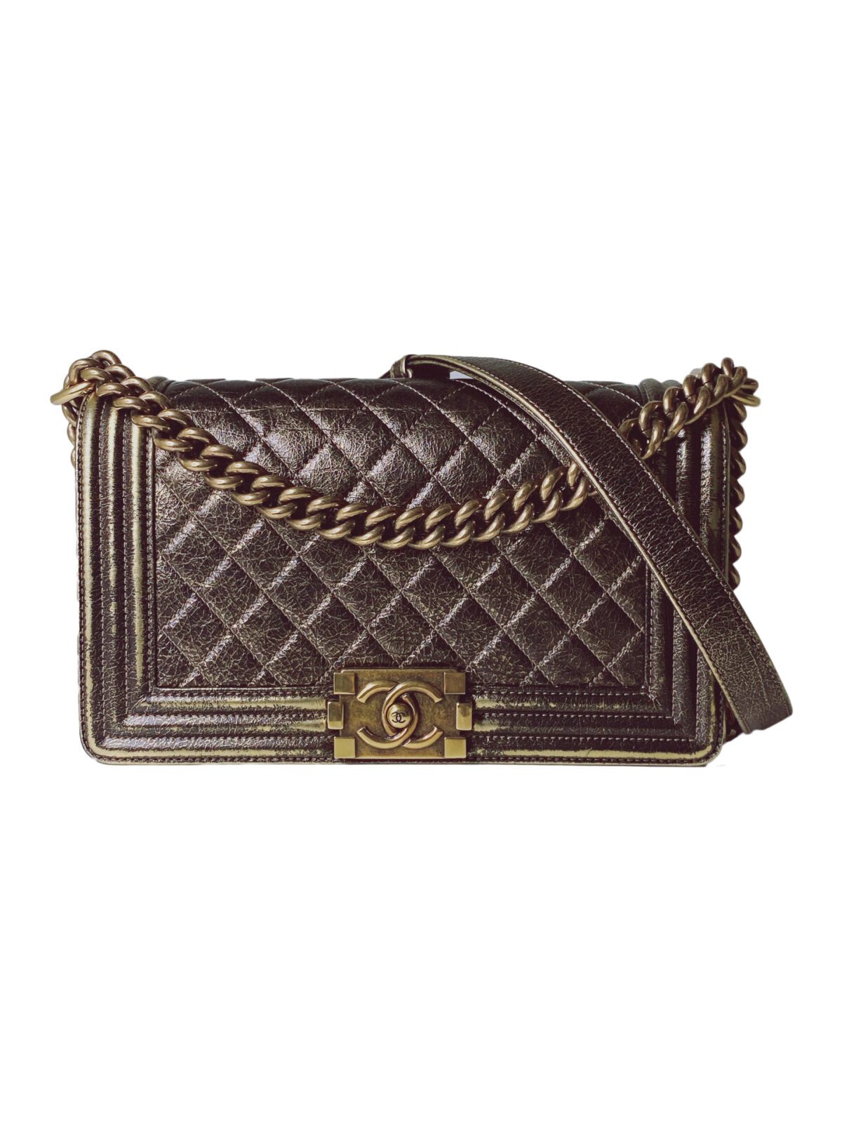 GOLD CRACKED METALLIC CALFSKIN QUILTED MEDIUM BOY FLAP BAG