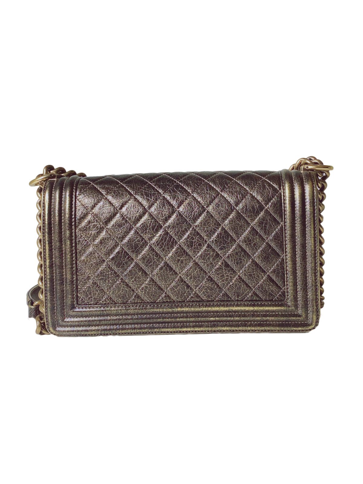 GOLD CRACKED METALLIC CALFSKIN QUILTED MEDIUM BOY FLAP BAG