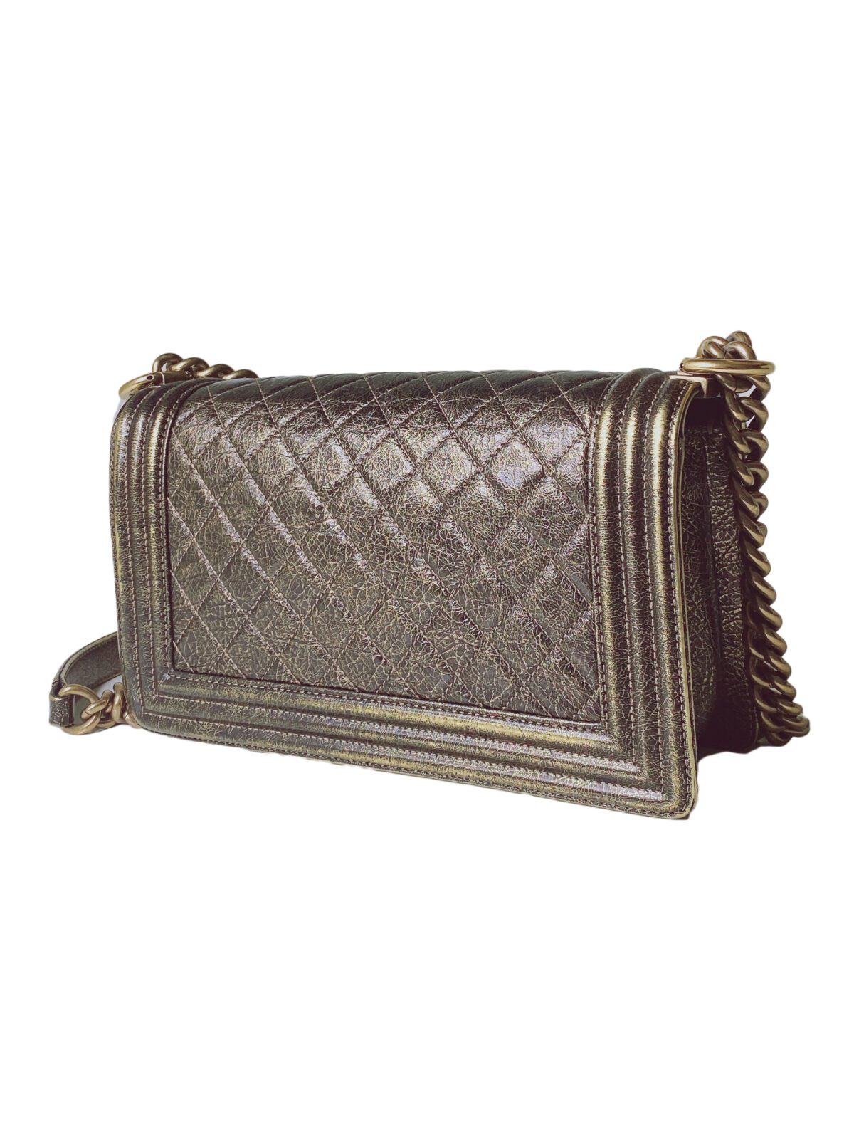 GOLD CRACKED METALLIC CALFSKIN QUILTED MEDIUM BOY FLAP BAG